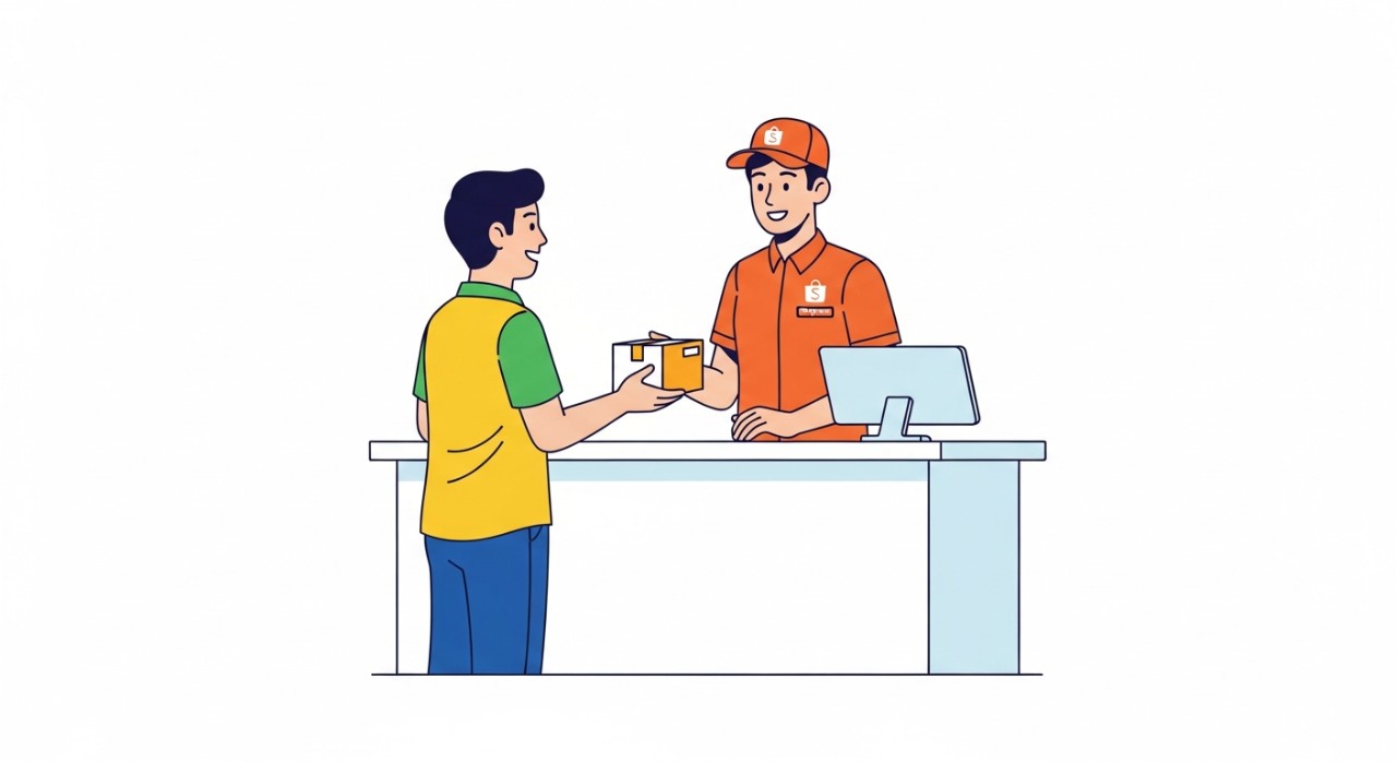 Seorang agen Shopee Express sedang melayani pelanggan di konter pengiriman paket.