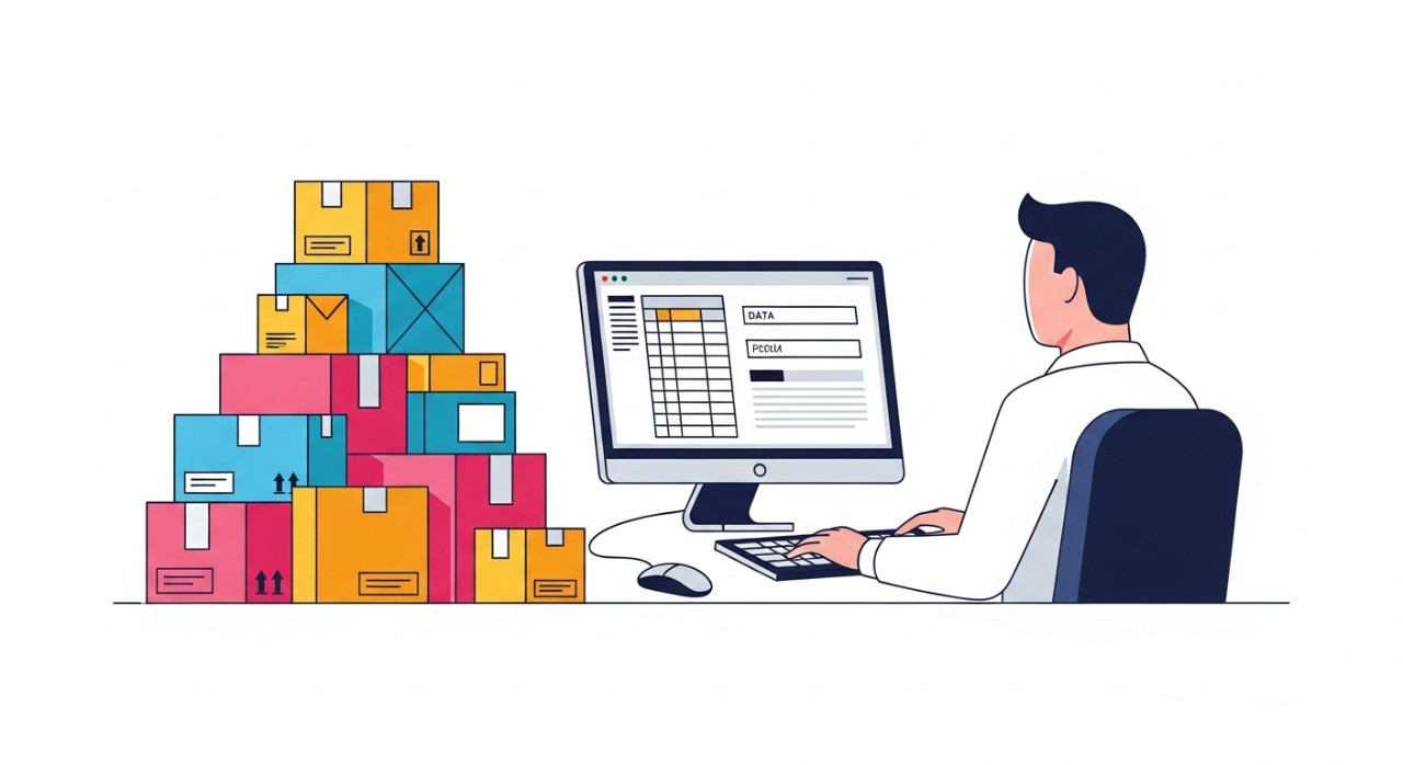Seorang admin sedang memeriksa daftar paket dan menginput data di komputer di lingkungan kantor logistik.
