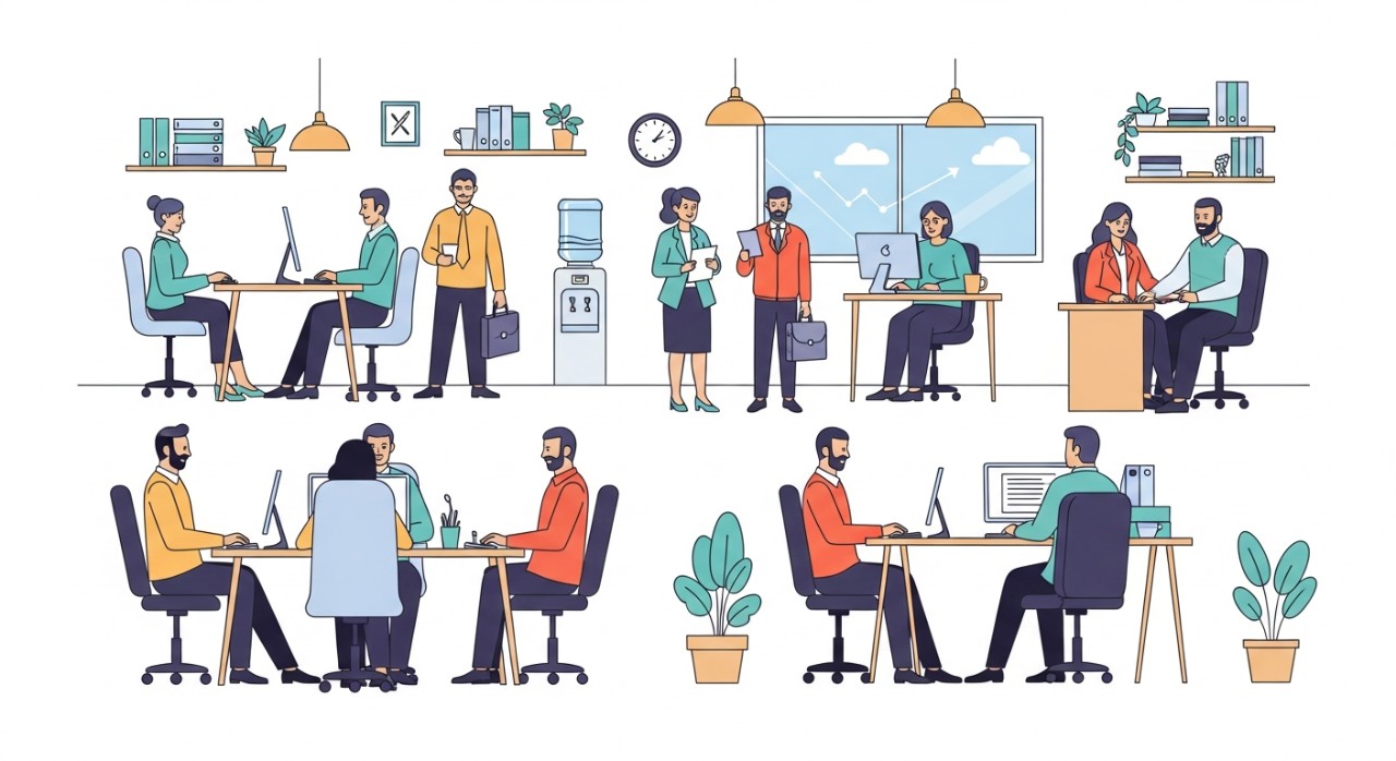 Karyawan sedang berinteraksi dan bekerja di dalam lingkungan kantor Shopee Express.