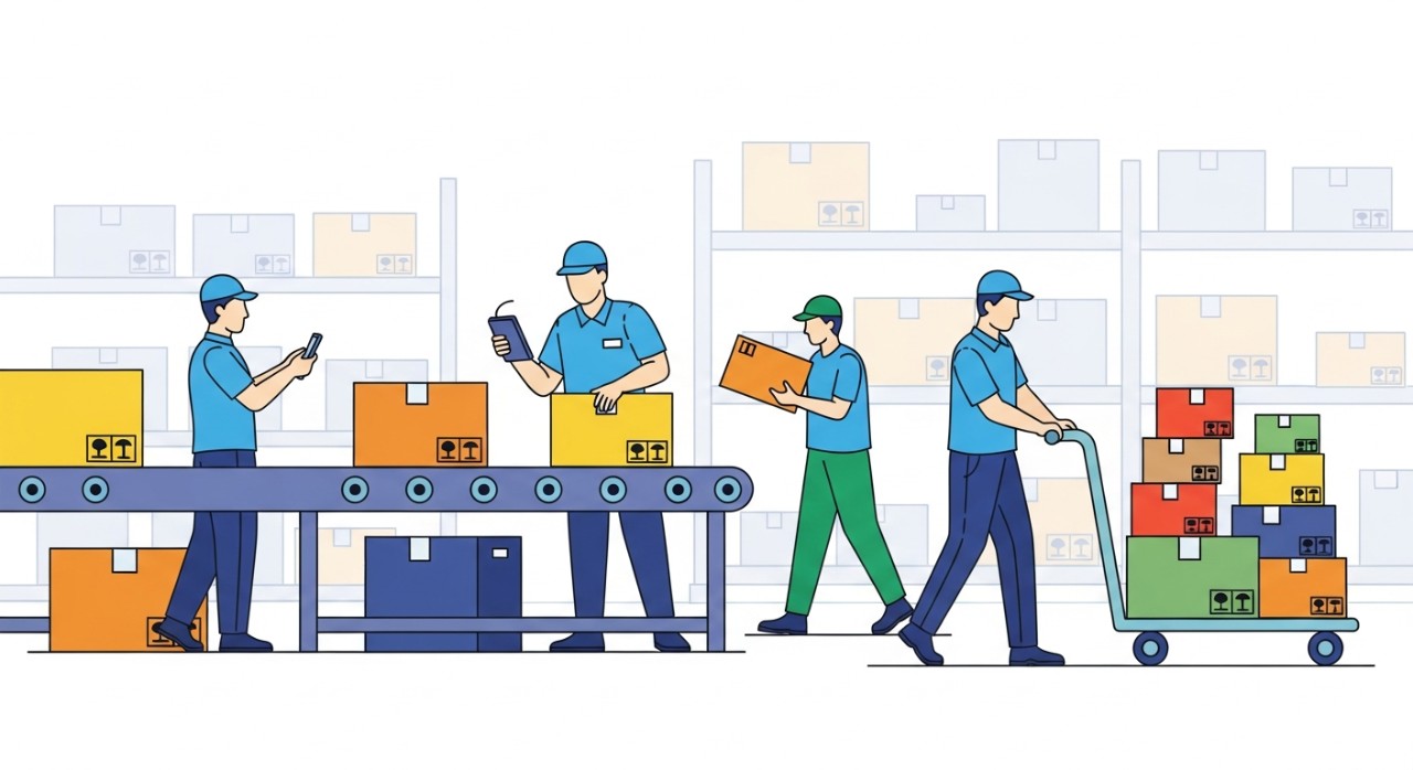 Beberapa pekerja sedang memilah paket di gudang logistik.