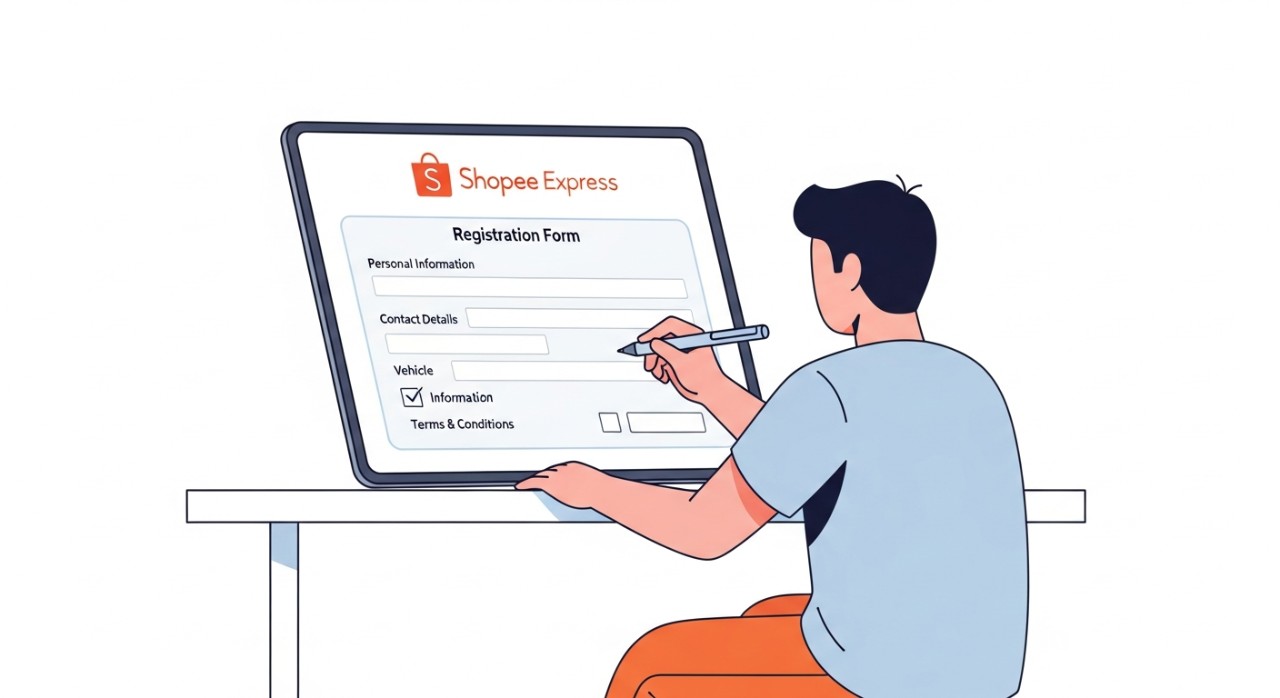 Seorang pria mengisi formulir pendaftaran untuk menjadi mitra driver Shopee Express di tablet.