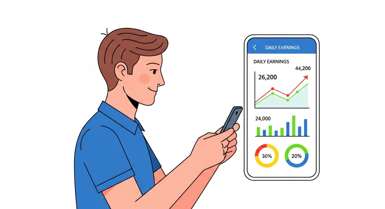 Seorang pengemudi melihat pendapatan harian di aplikasi.