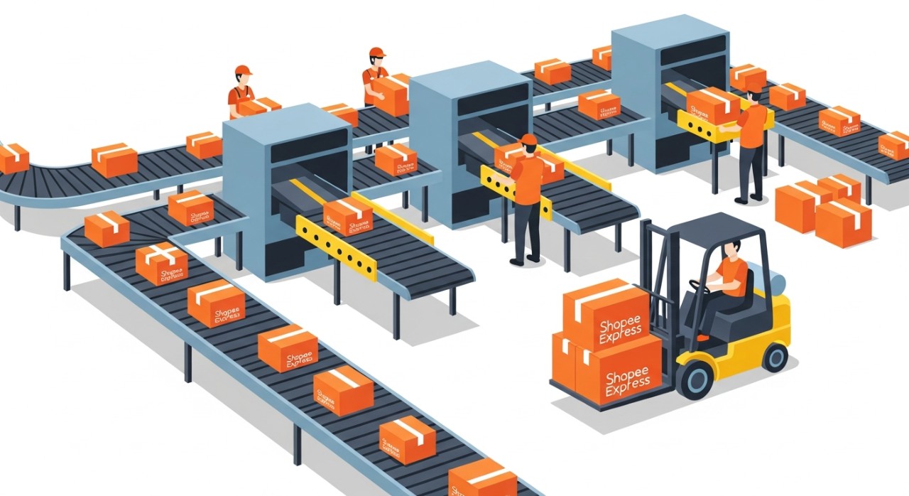 Paket-paket Shopee Express sedang disortir di pusat distribusi.