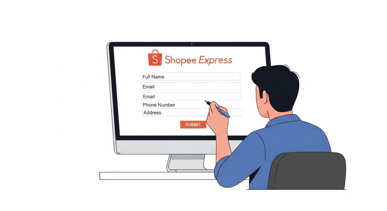 Seorang pria sedang mengisi formulir aplikasi online untuk Shopee Express.