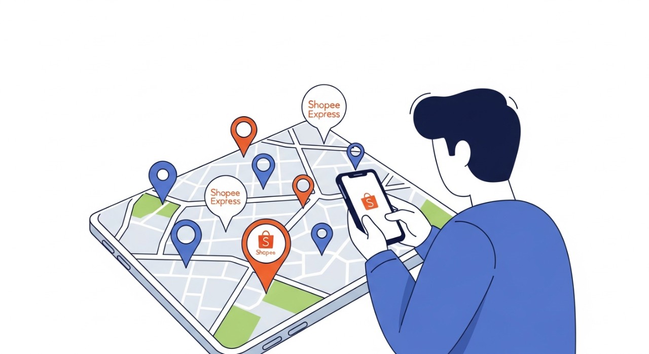 Seseorang mencari lokasi agen Shopee Express di peta digital.