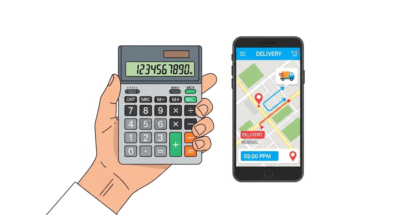 Tangan memegang kalkulator di samping ponsel yang menampilkan aplikasi pengiriman.