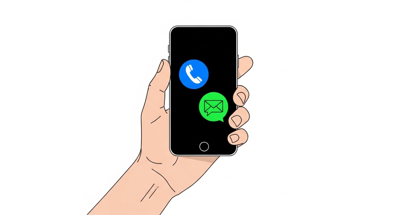 Tangan memegang ponsel dengan ikon telepon dan pesan.