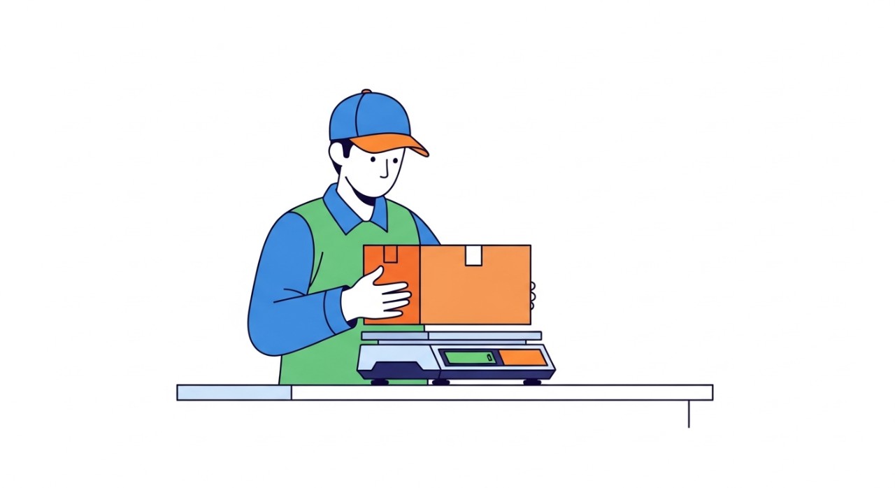 Seseorang sedang menimbang paket di meja pengiriman.