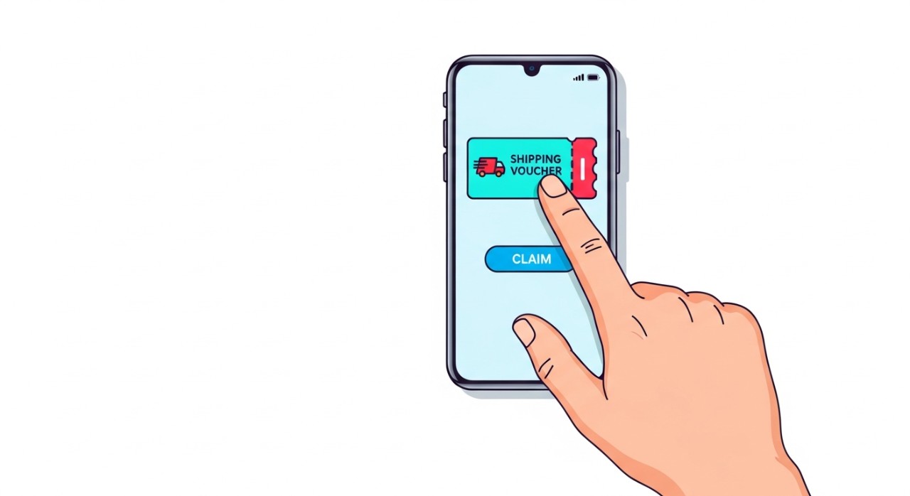 Tangan seseorang mengetuk layar ponsel untuk mengklaim voucher pengiriman.