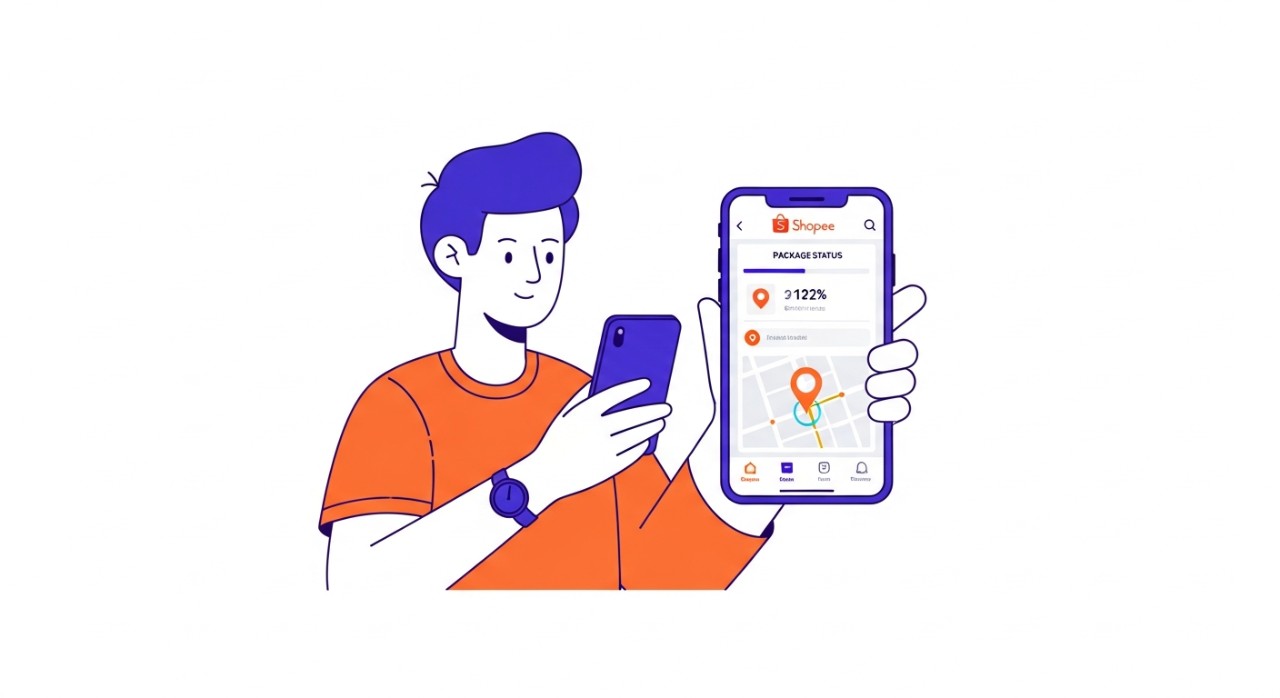 Seseorang sedang memeriksa status paketnya di aplikasi Shopee pada ponsel.