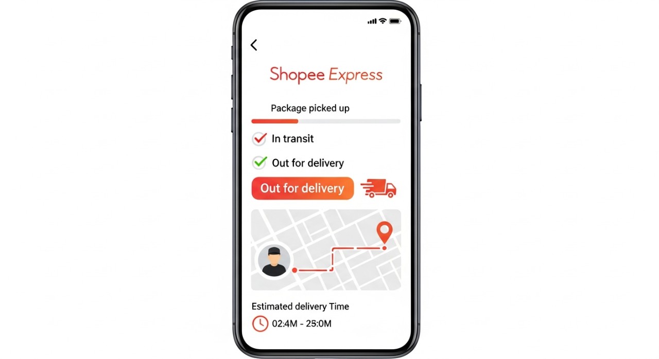Tampilan layar ponsel menunjukkan status pengiriman paket Shopee Express.