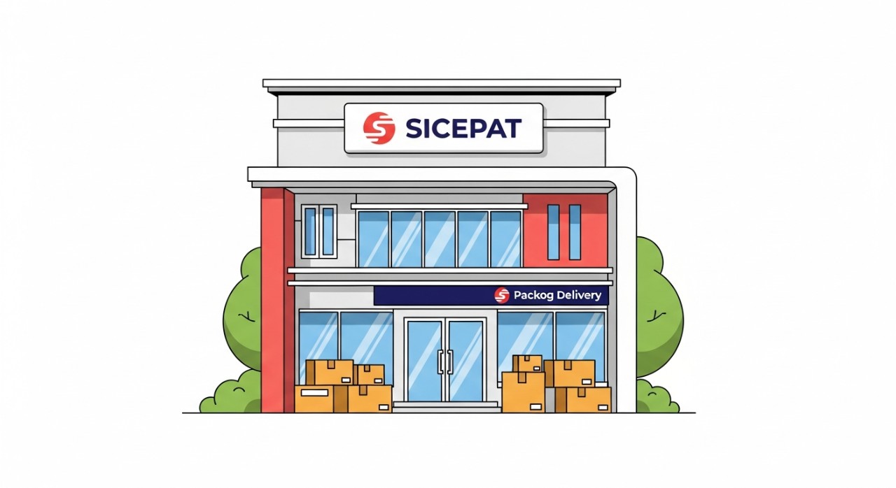 Tampak depan kantor cabang Sicepat di Palangkaraya dengan beberapa paket.