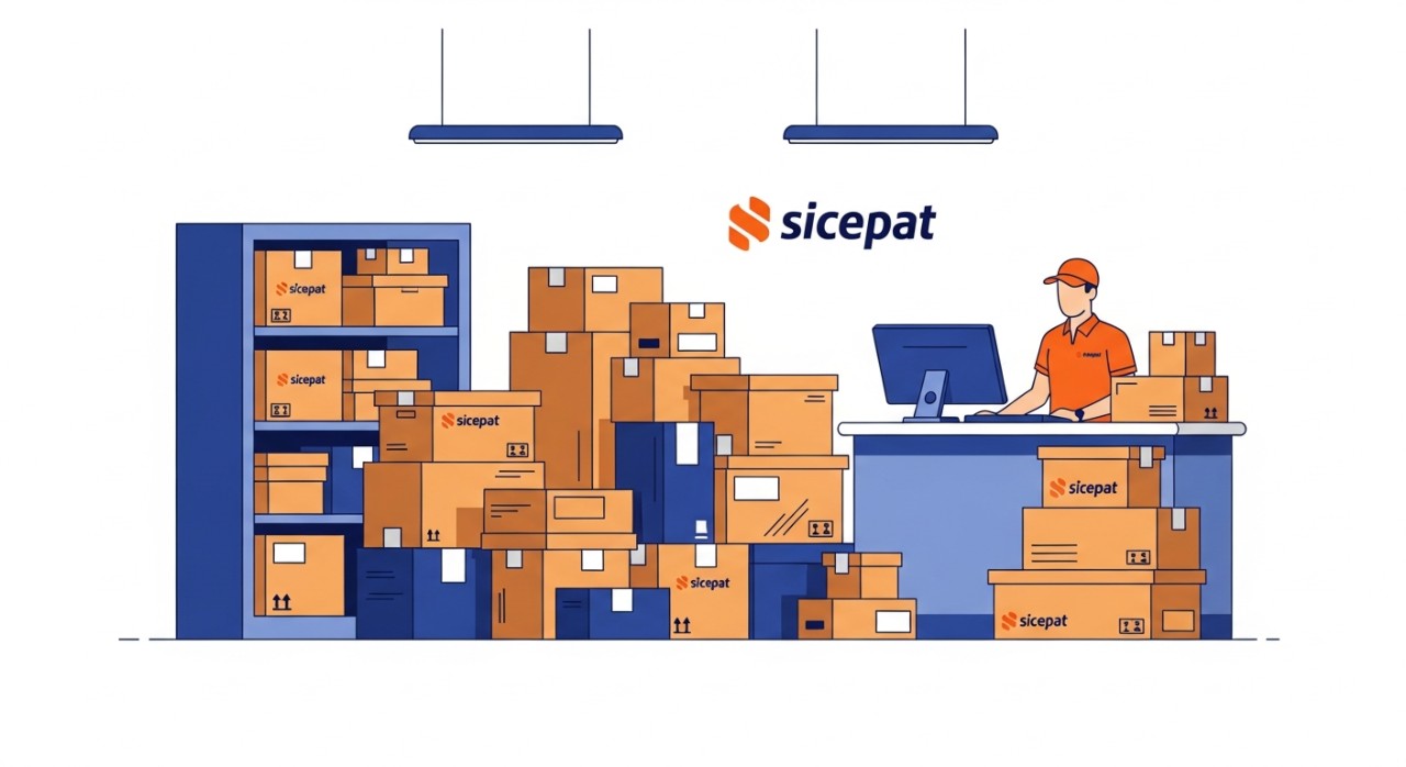 Bagian dalam kantor cabang Sicepat dengan tumpukan paket.