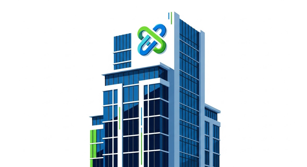 Gedung kantor modern yang tinggi dengan logo perusahaan teknologi yang terlihat jelas.