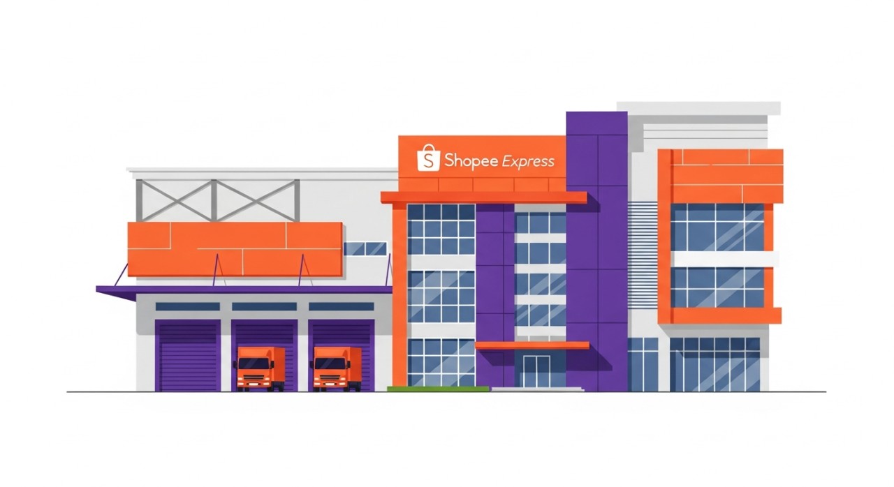 Tampilan depan gedung kantor atau gudang logistik Shopee Express yang berlokasi di Pekanbaru.