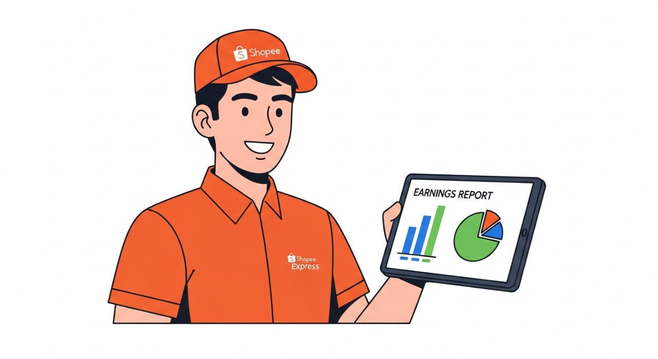 Seorang agen Shopee Express tersenyum sambil memegang tablet yang menampilkan laporan keuntungan.