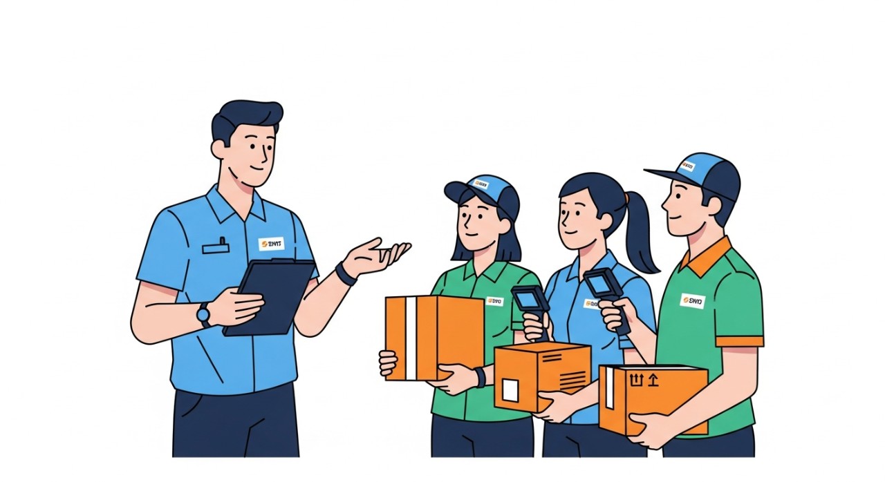 Seorang shift lead berdiskusi dengan anggota tim pengiriman paket.