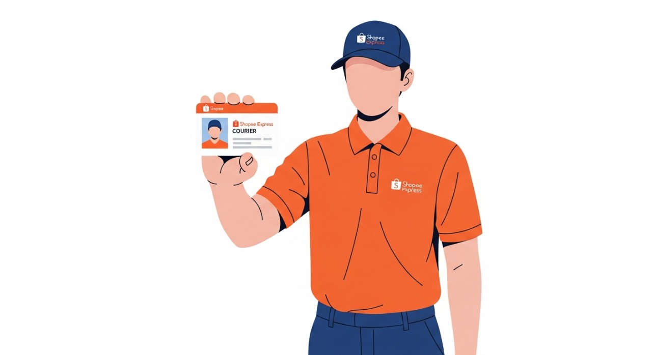 Seorang kurir Shopee Express mengenakan seragam sambil memegang kartu identitasnya.