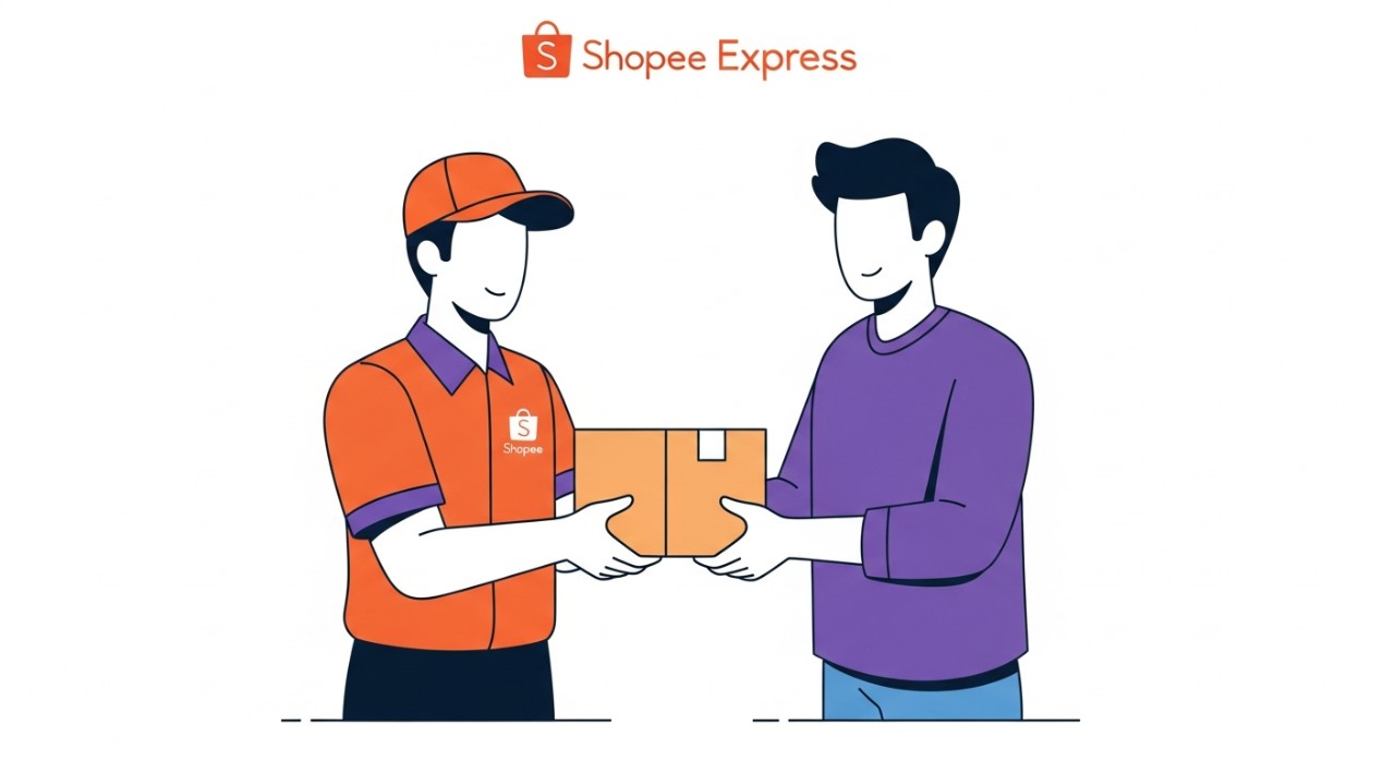 Seorang kurir Shopee Express sedang menyerahkan paket kepada pelanggan.