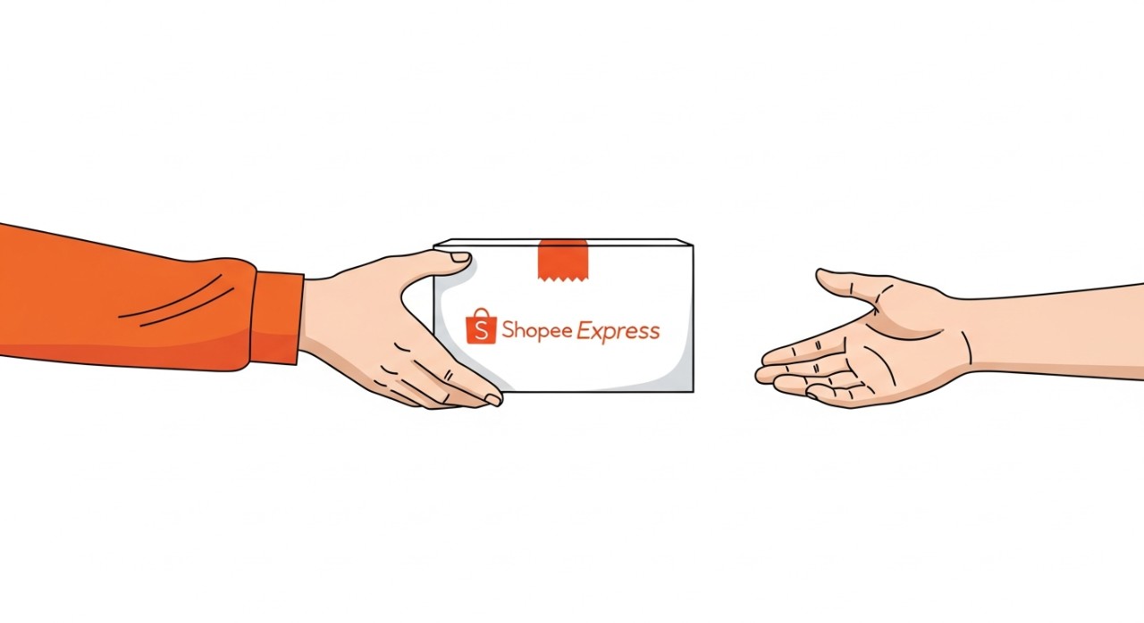 Tangan seorang kurir Shopee Express menyerahkan paket kepada seorang pelanggan.