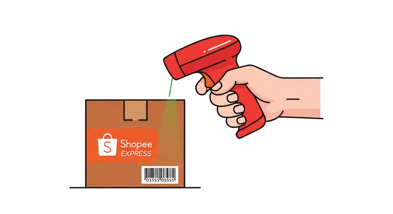 Tangan seorang kurir sedang memegang dan memindai paket Shopee Express.