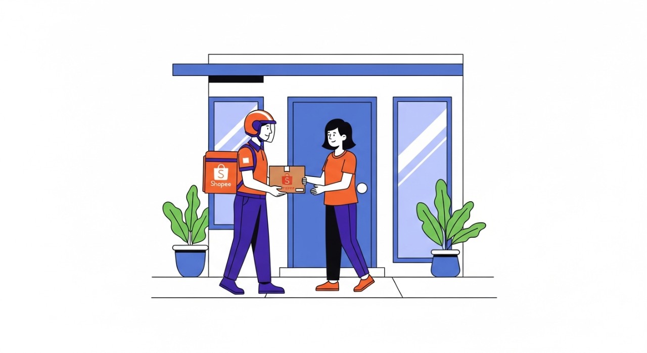 Seorang kurir Shopee Express sedang mengantarkan paket ke rumah pelanggan.