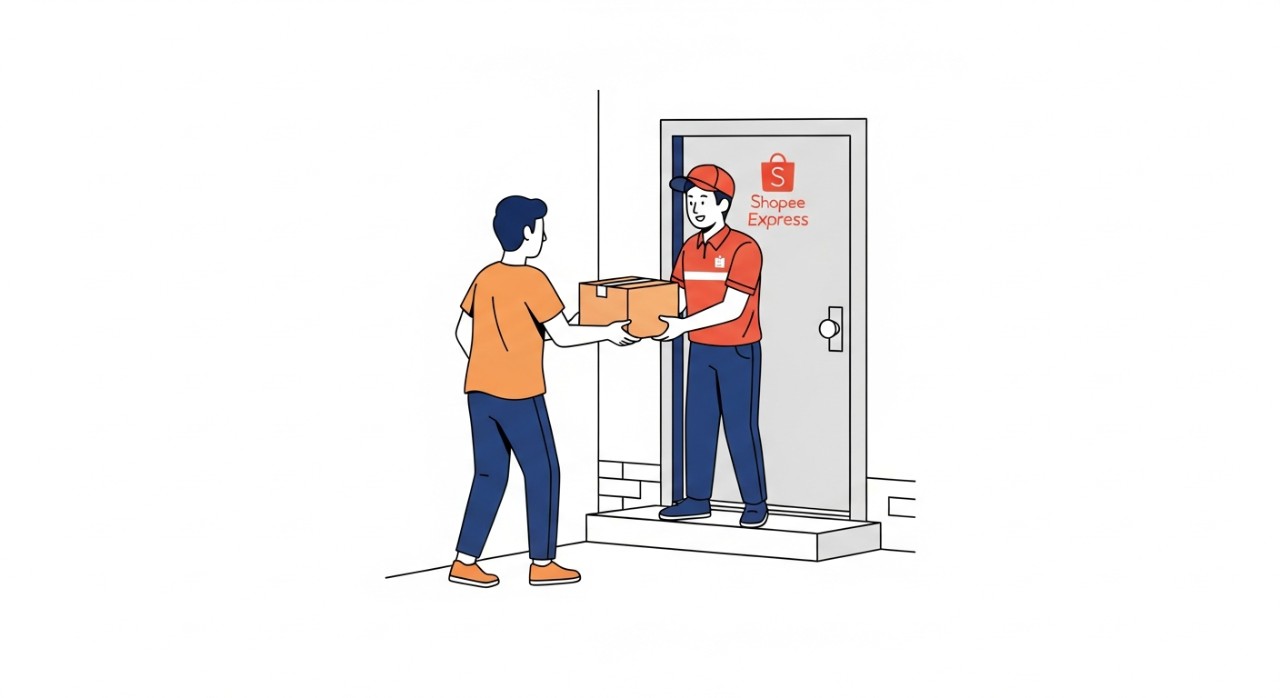 Seorang kurir Shopee Express menyerahkan paket kepada pelanggan di depan rumah.