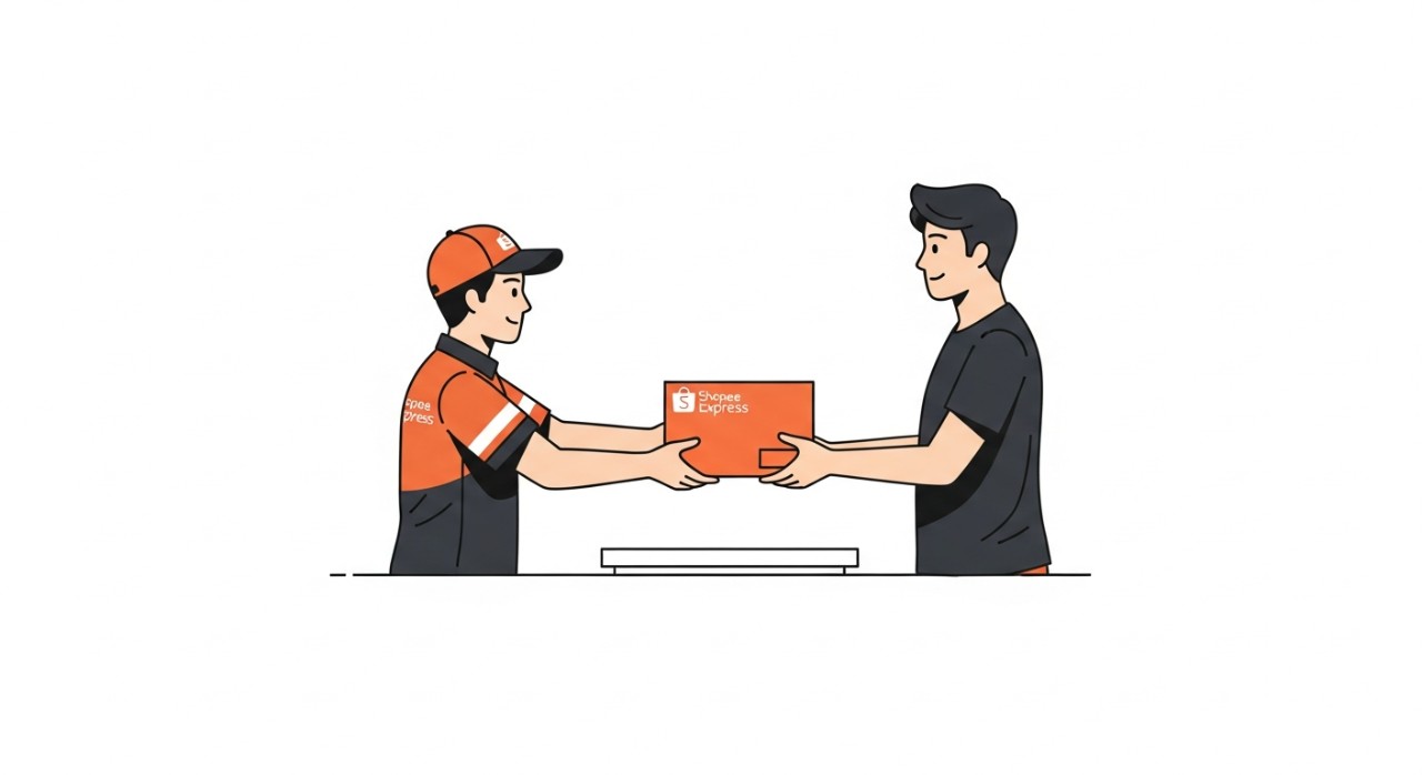 Seorang kurir Shopee Express menerima paket dari pengirim di lokasi penjemputan.