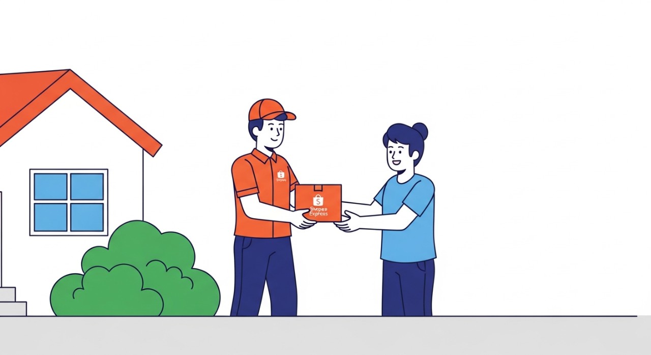 Seorang kurir Shopee Express sedang mengantarkan paket kepada pelanggan di area perumahan Ambon.