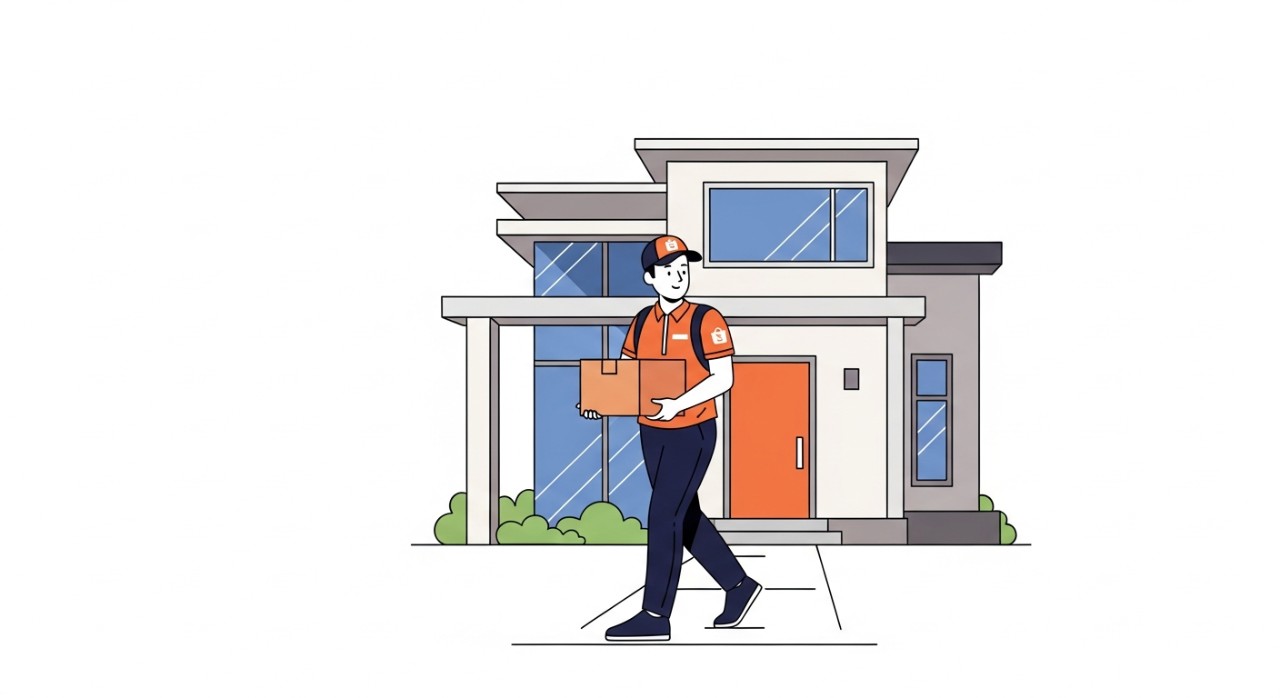 Seorang kurir Shopee Express sedang mengendarai sepeda motor membawa paket.