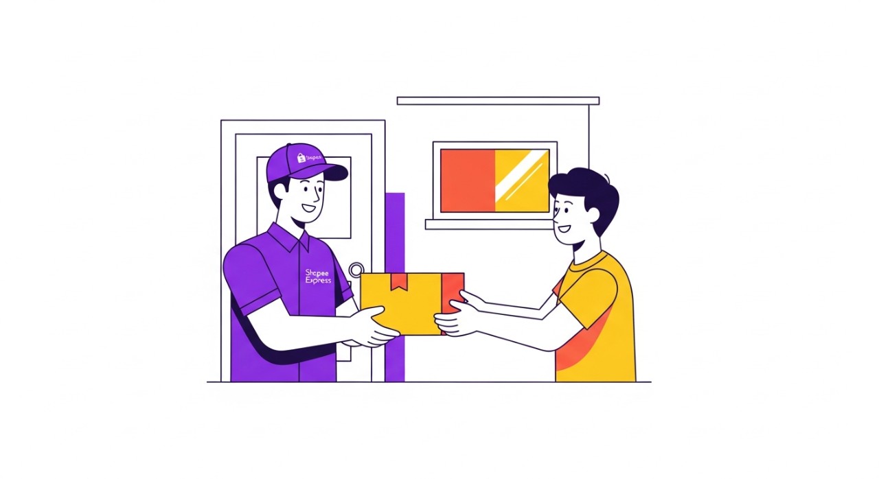 Seorang kurir Shopee Express sedang menyerahkan paket kepada pelanggan di depan rumah.