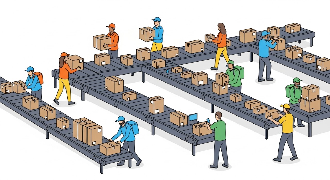 Beberapa kurir Shopee Express sedang menyortir paket di dalam gudang.