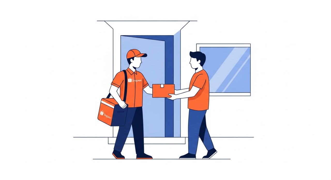 Seorang kurir Shopee Express sedang menyerahkan paket kepada pelanggan di depan rumah.