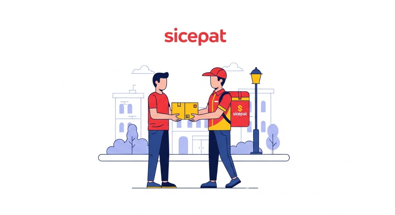 Seorang kurir Sicepat sedang mengantarkan paket kepada pelanggan di jalanan Banyuwangi.