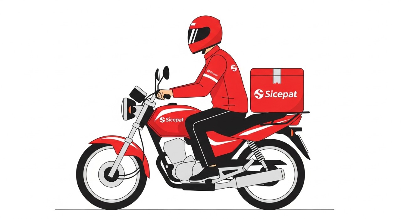 Seorang kurir Sicepat sedang mengendarai motor untuk mengantar paket.