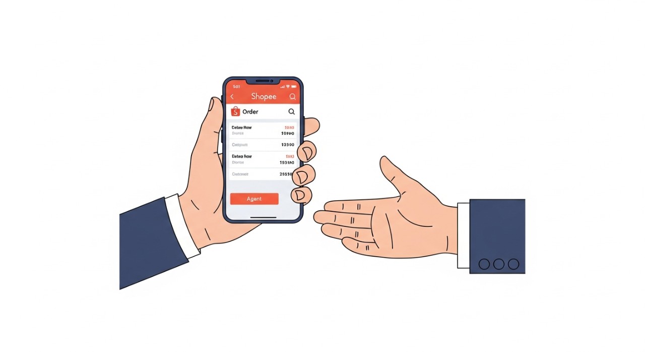 Tangan seseorang menunjukkan detail pesanan di aplikasi Shopee kepada petugas agen.