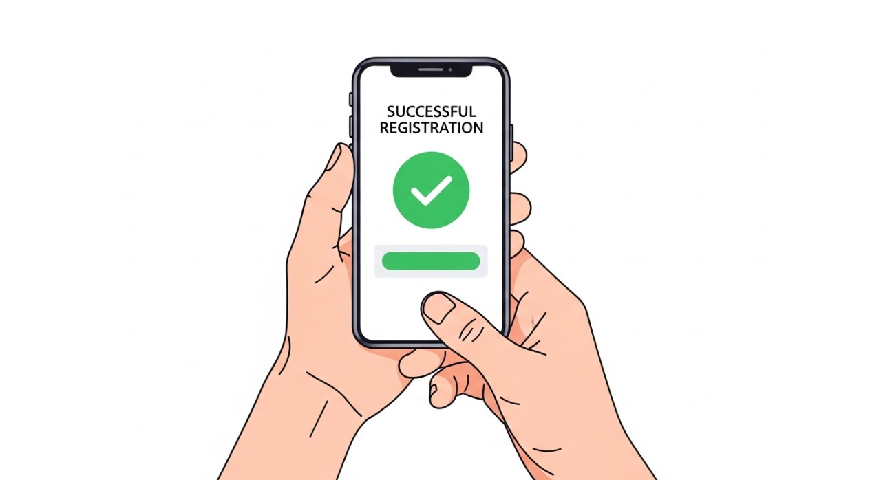Tangan memegang ponsel menampilkan notifikasi pendaftaran berhasil.