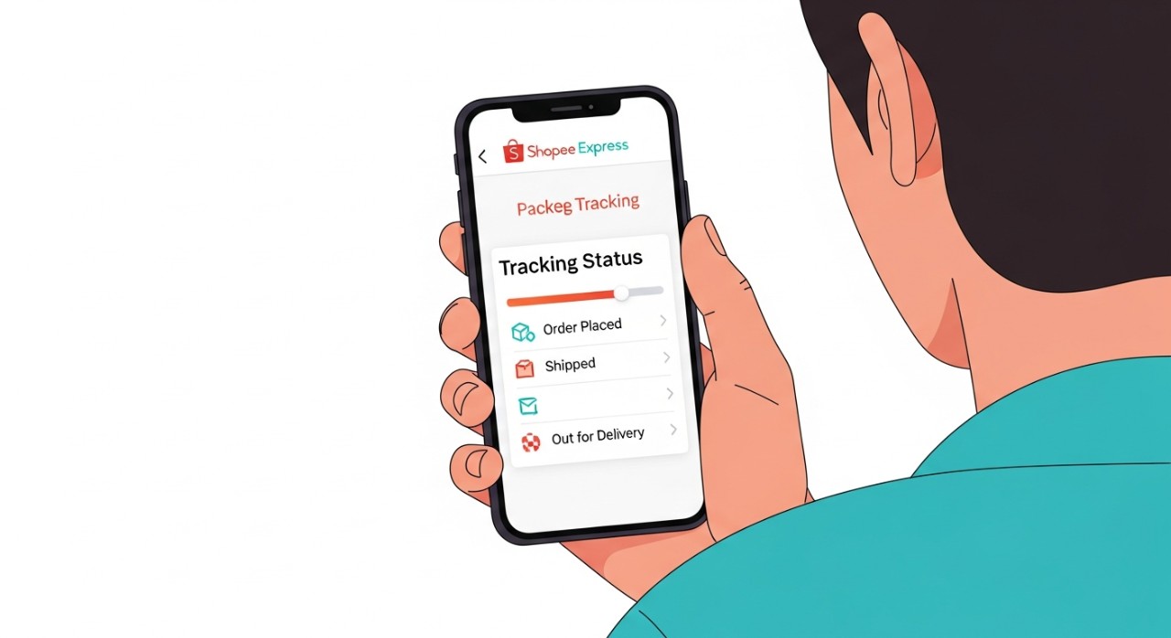Seseorang sedang melihat status pelacakan paket Shopee Express di layar ponselnya.