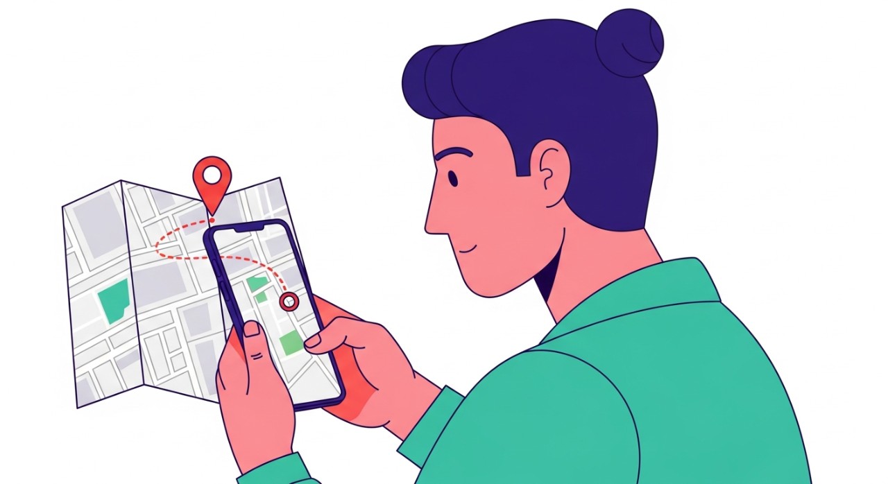 Seseorang sedang melihat peta di layar smartphone untuk menemukan lokasi.