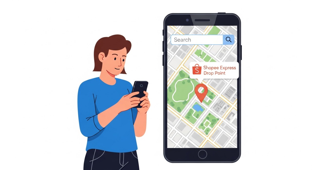 Seseorang menggunakan ponsel pintar untuk mencari lokasi drop point Shopee Express di aplikasi peta.
