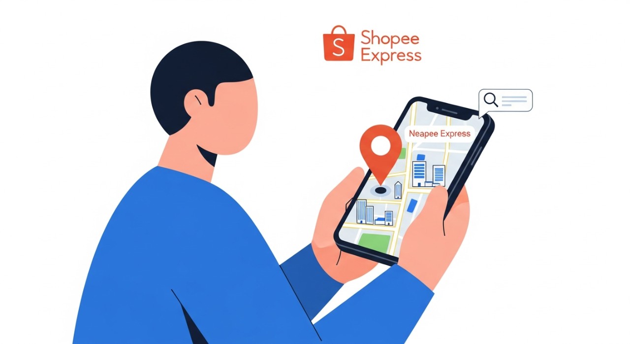 Seseorang sedang menggunakan smartphone untuk mencari lokasi kantor Shopee Express terdekat di aplikasi peta.