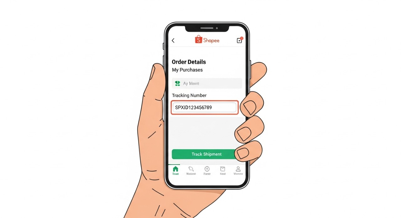 Tangan memegang ponsel menampilkan layar aplikasi Shopee untuk menemukan nomor resi.