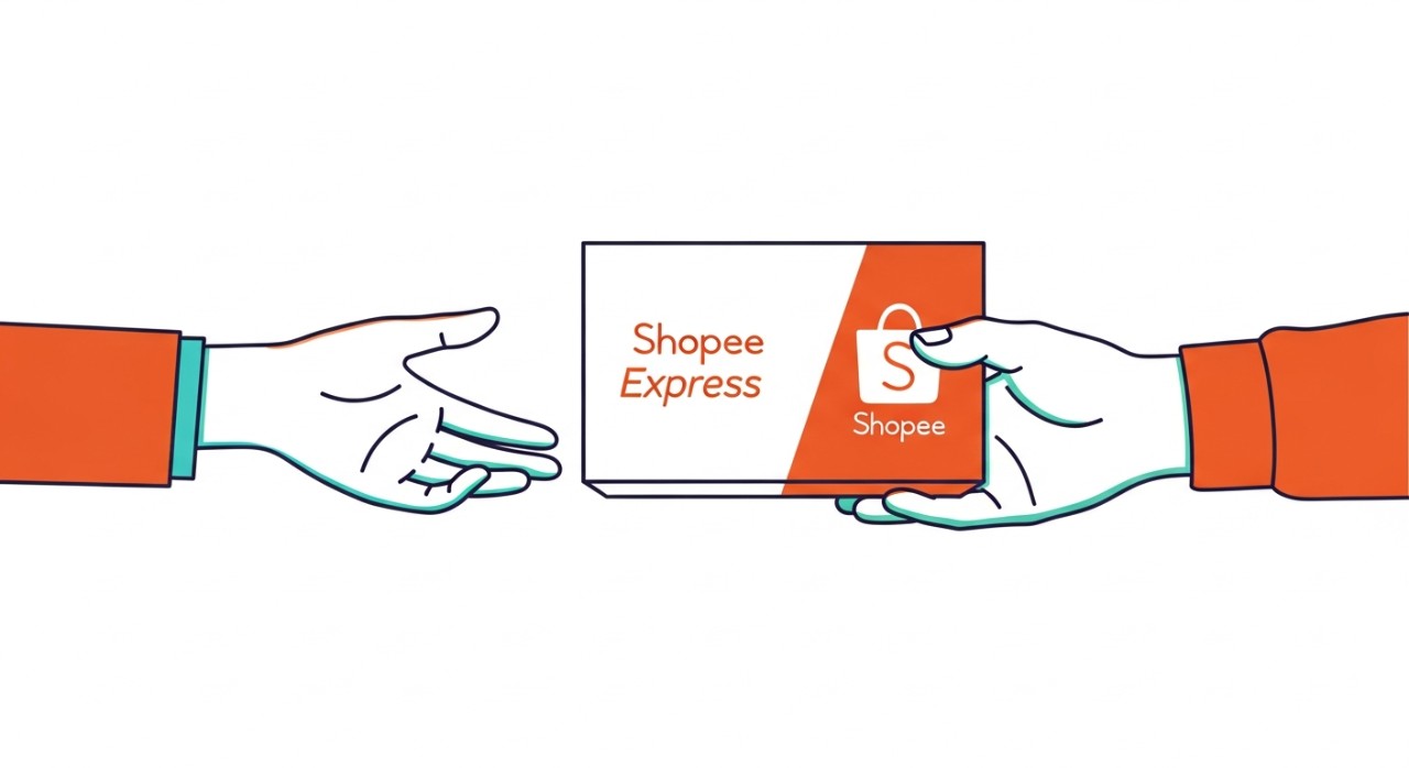 Tangan seseorang sedang menerima paket Shopee Express dari seorang kurir.