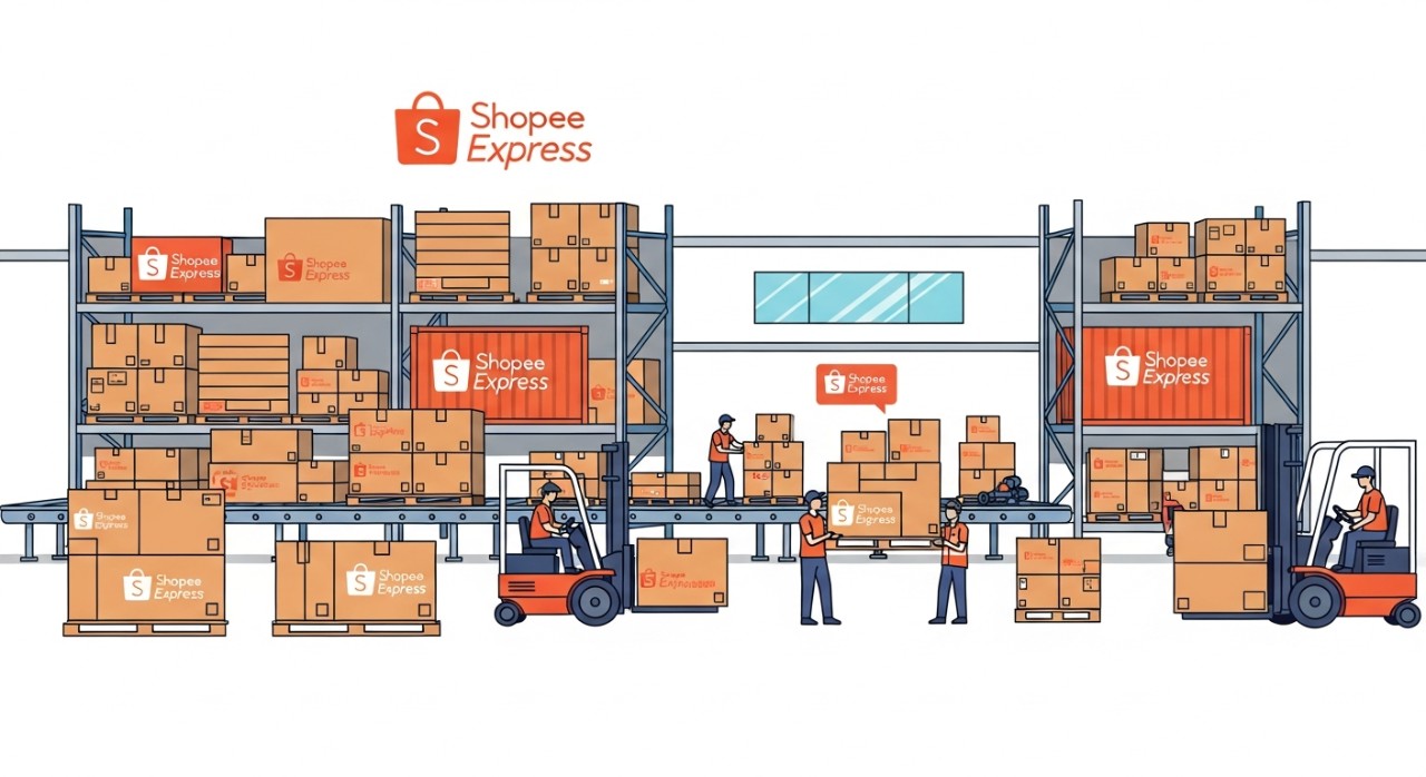 Tumpukan paket dengan logo Shopee Express di gudang pengiriman.