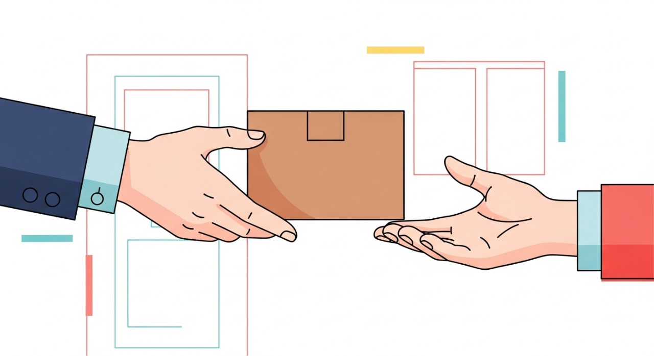 Tangan seorang kurir menyerahkan paket Shopee Express kepada pelanggan di depan rumah.