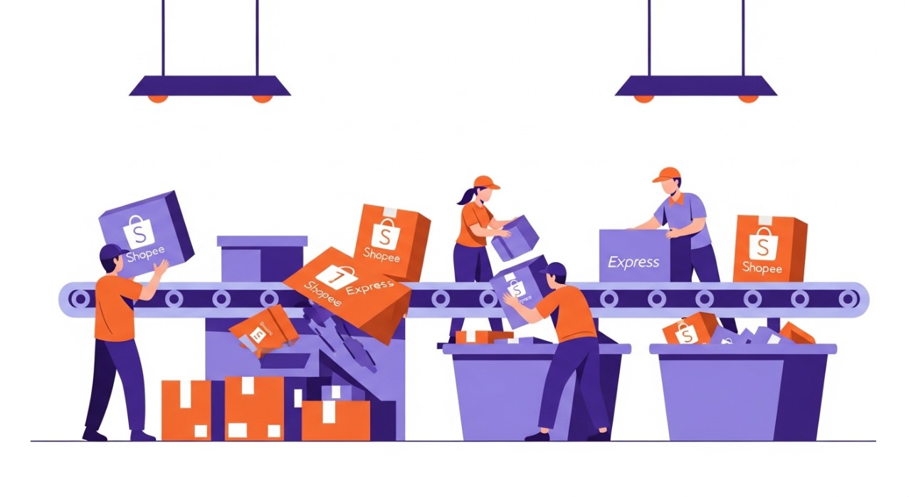 Beberapa paket Shopee Express sedang disortir di fasilitas logistik.