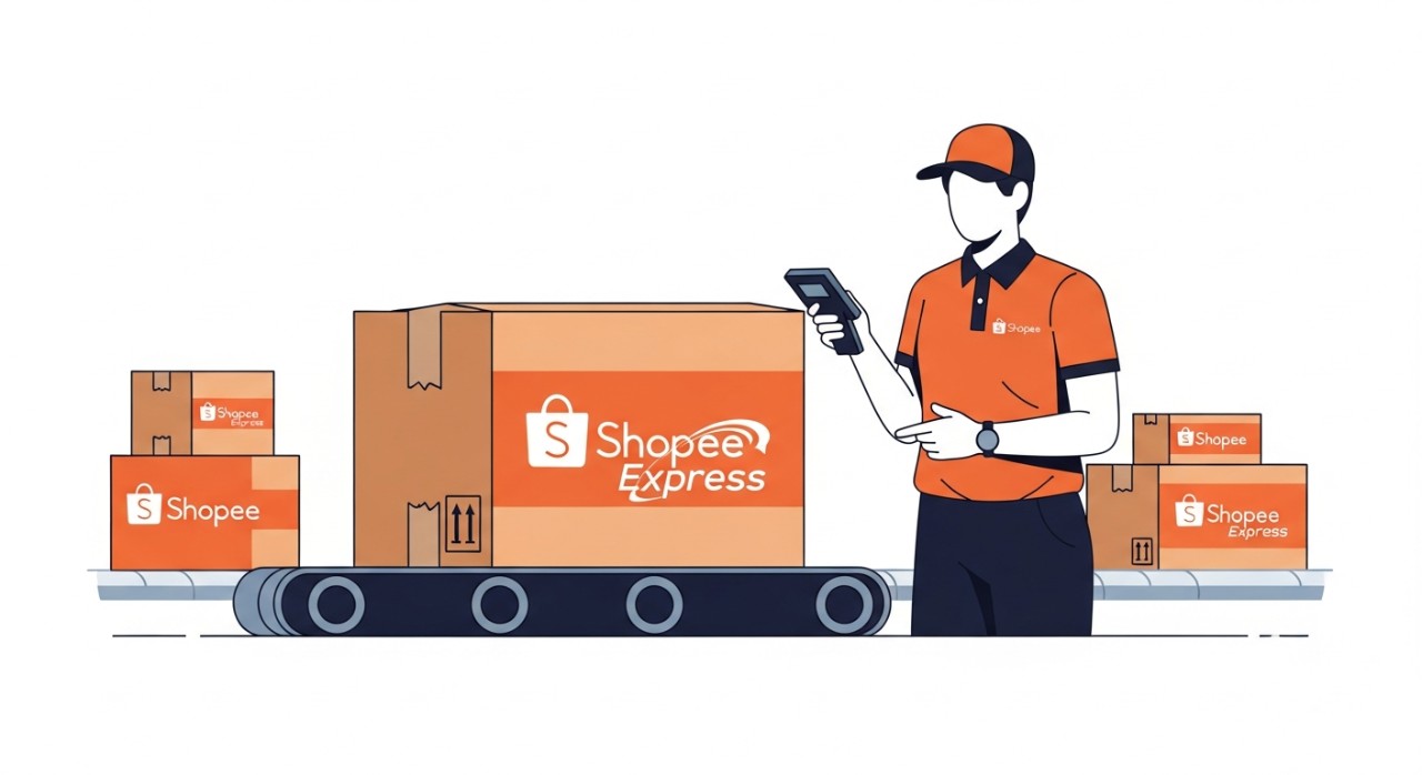 Sebuah paket Shopee Express yang siap diantar oleh kurir di fasilitas penyortiran.