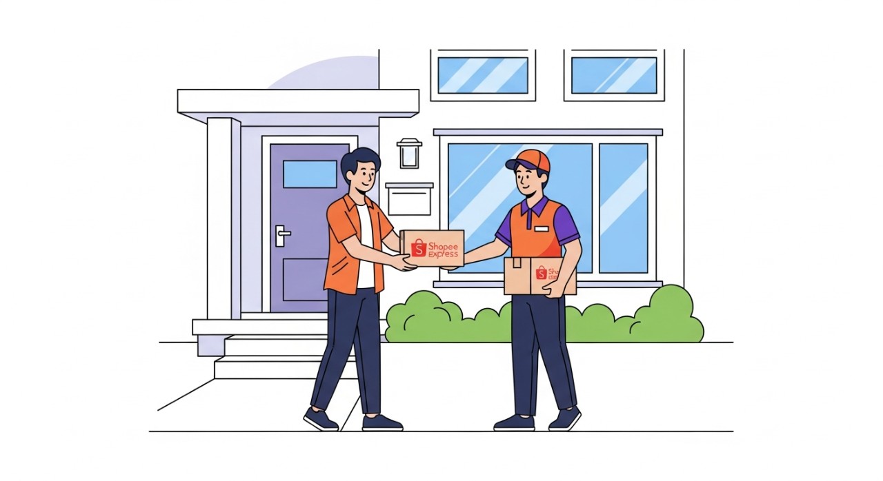 Pelanggan menerima paket dari kurir Shopee Express di depan rumahnya.