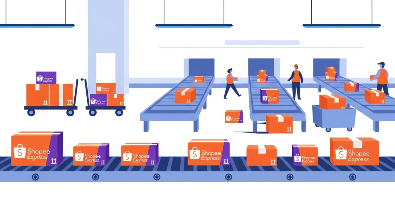 Tangan pelanggan menerima paket dari kurir Shopee Express di depan rumah.