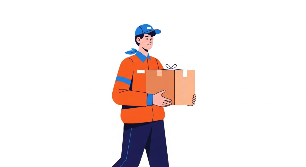 Seorang kurir sedang memegang paket yang siap untuk diantar ke pelanggan.
